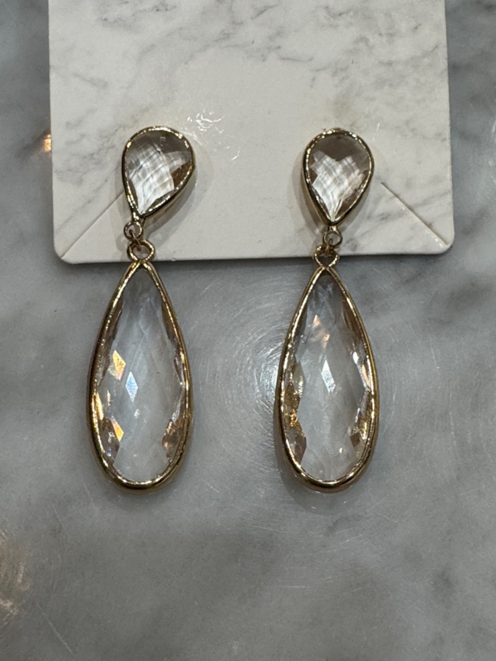 Gold-Trim Clear Teardrop Drop Earrings - Women Jewelry